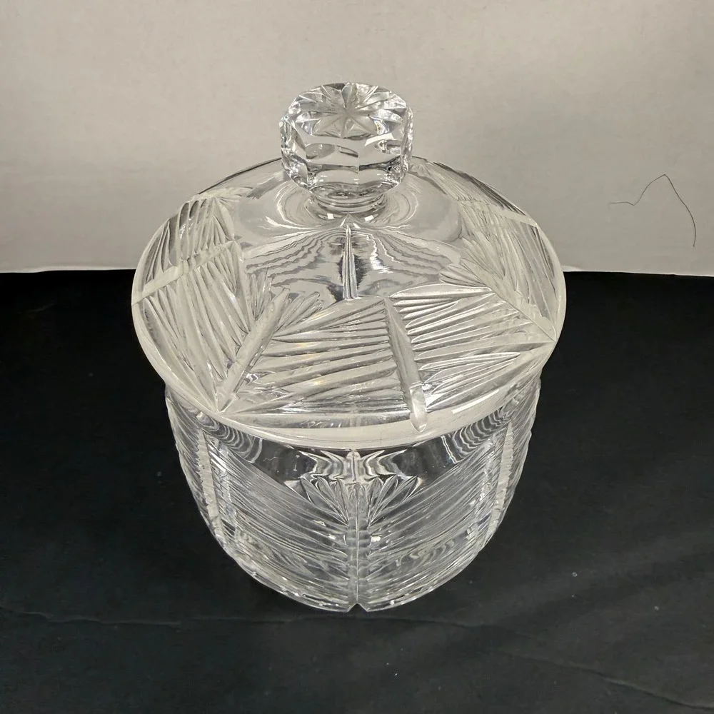 Heavy Cut Lead Crystal Biscuit Jar Lidded Candy Dish Wheat Starburst‎ Pattern